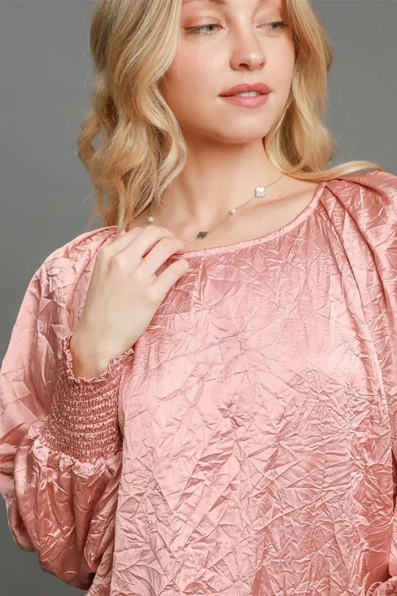 Umgee Wrinkled Round Neck Lantern Sleeve Blouse for Women - Love Salve